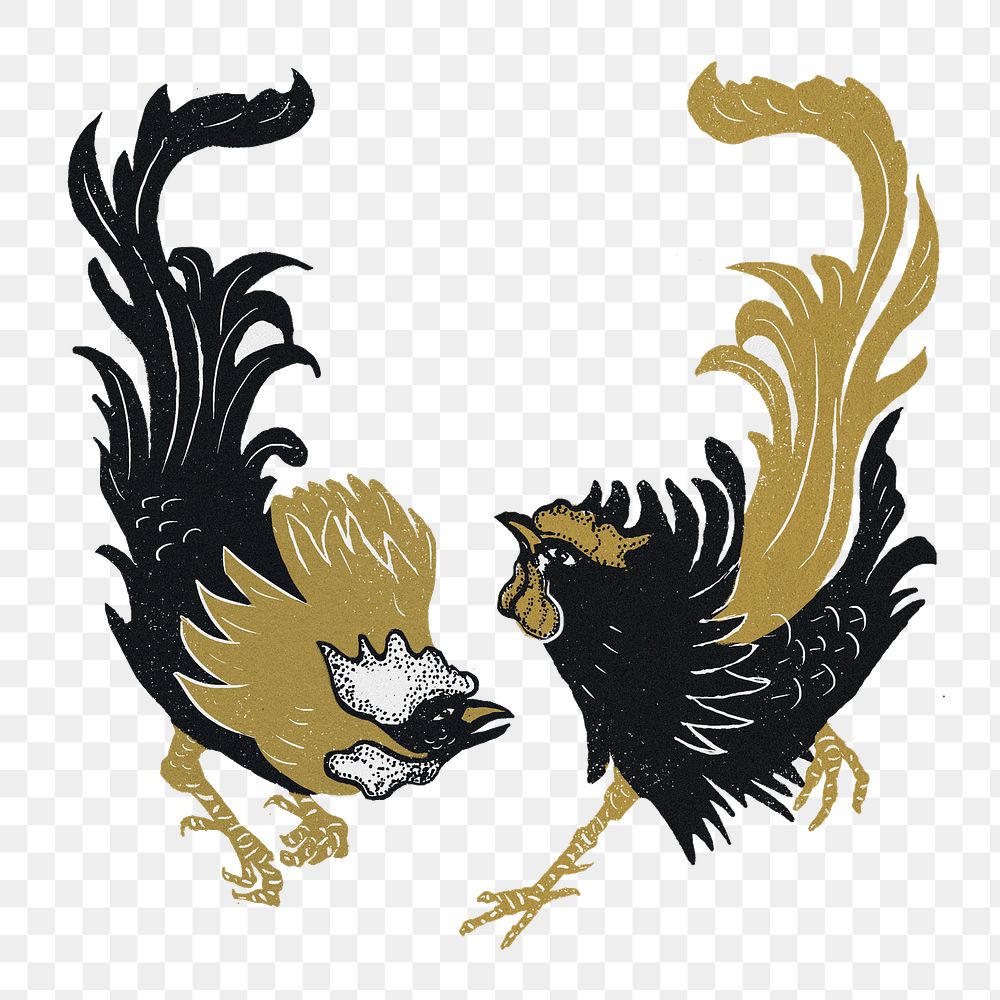 Gold black rooster png animal sticker vintage drawing set