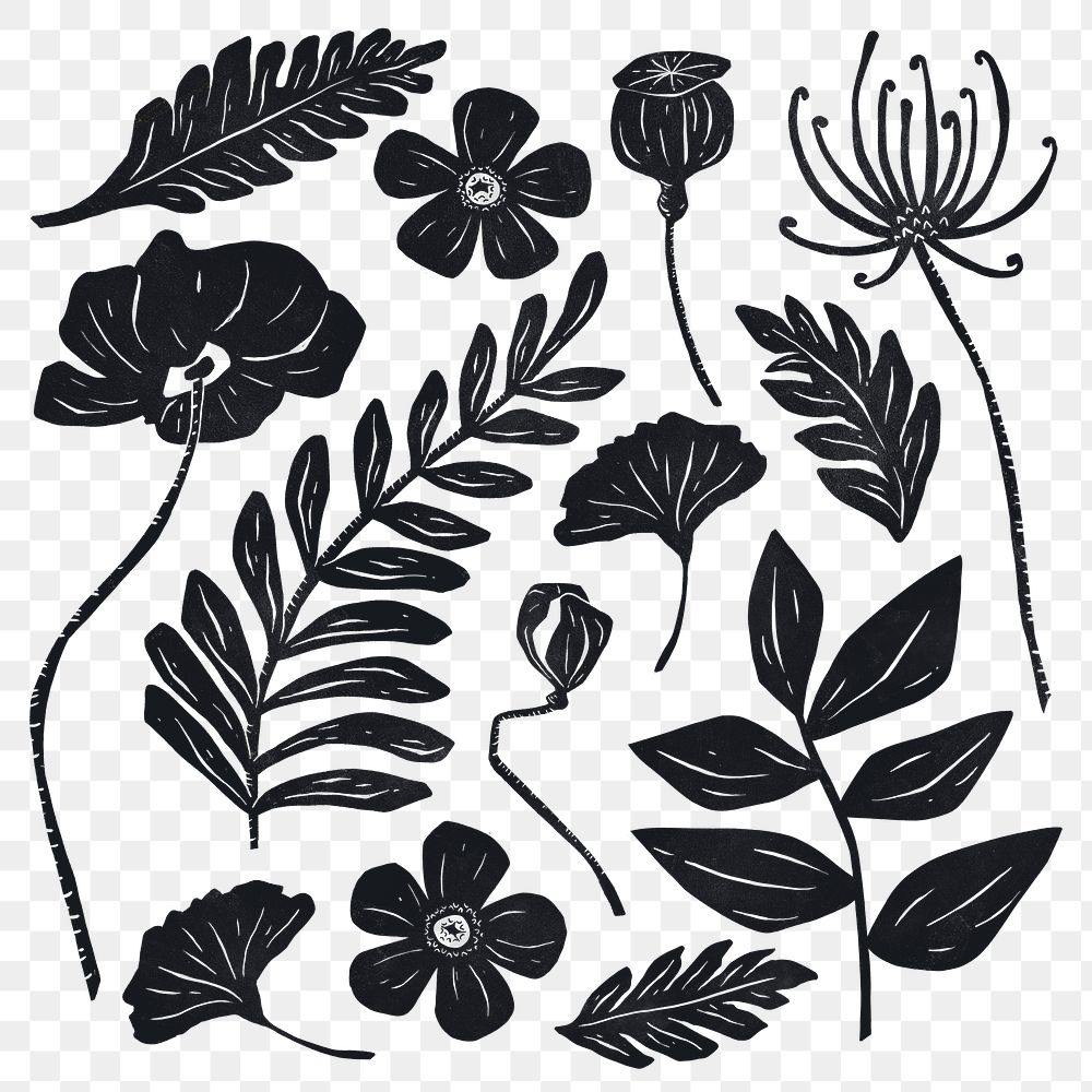 Black flowers png sticker hand drawn botanical collection
