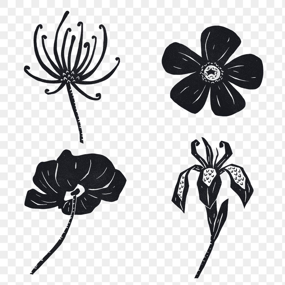 Black flowers png sticker hand drawn botanical set