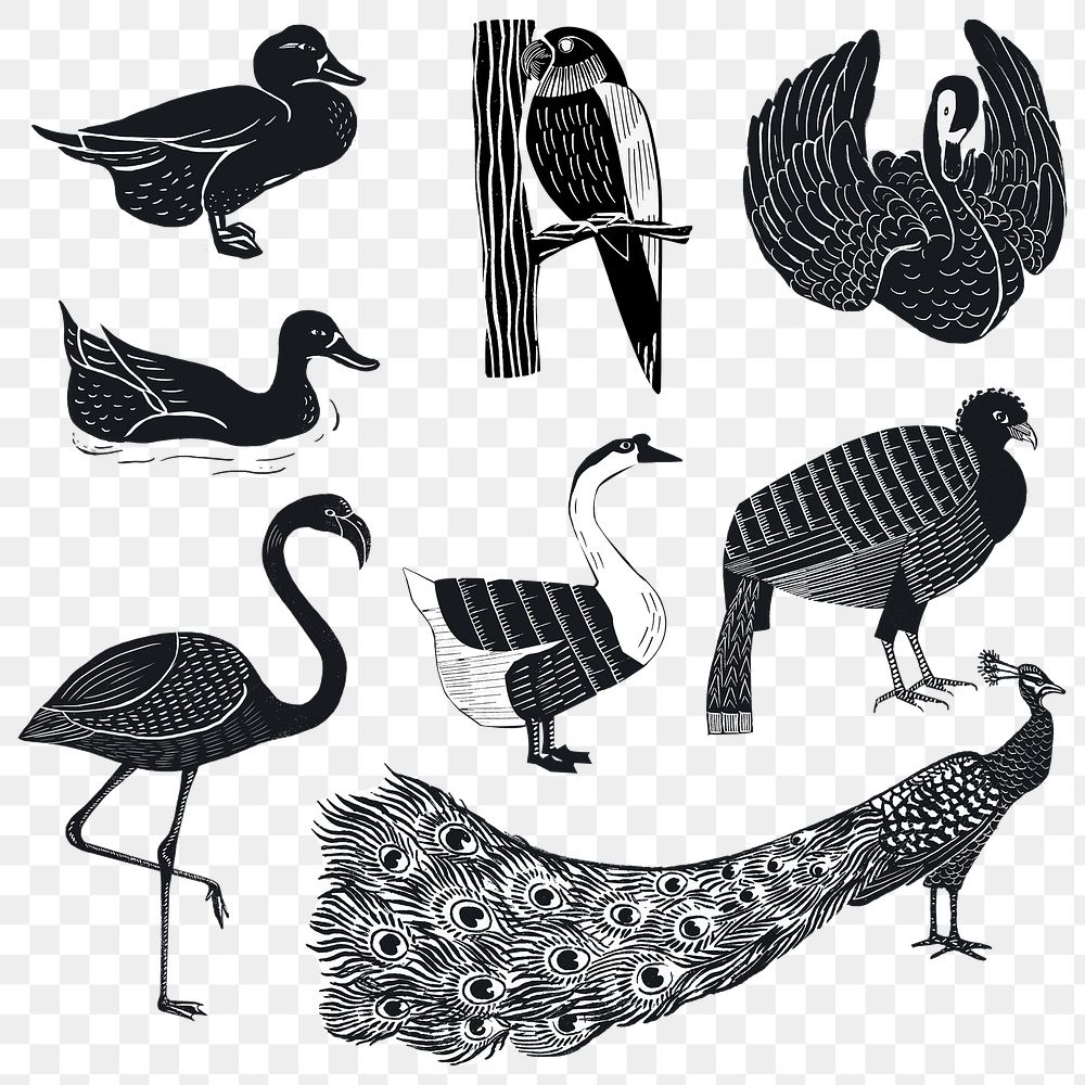 Black animals png sticker linocut stencil pattern clipart set