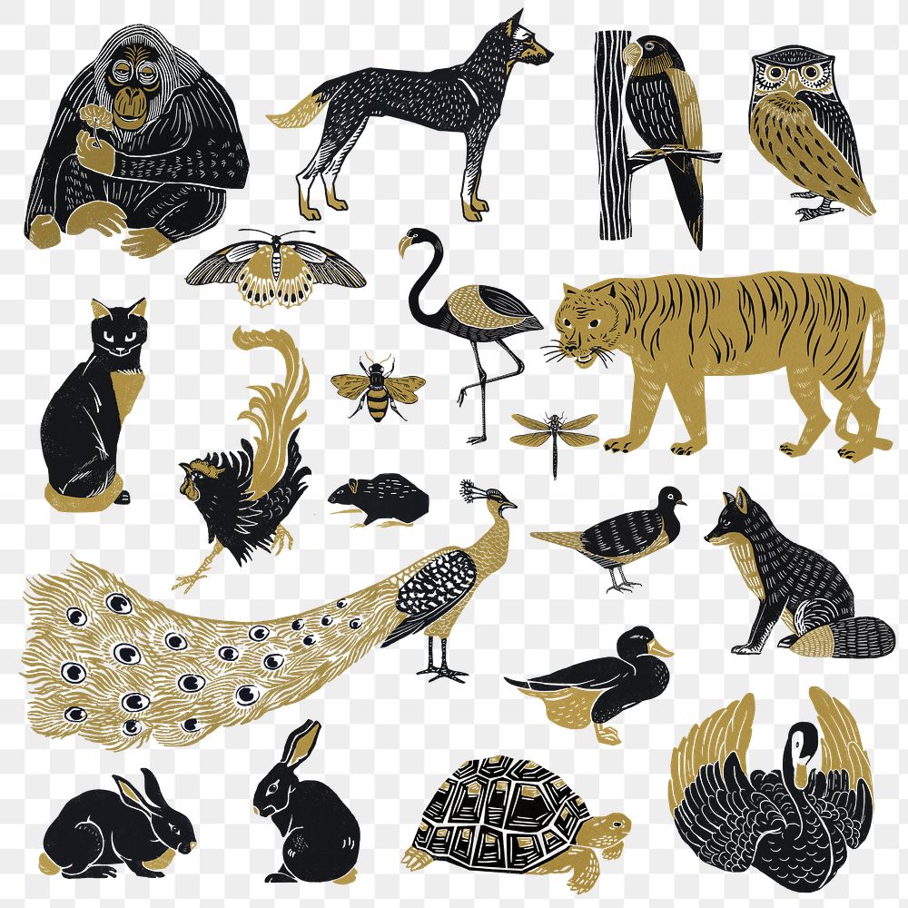 Vintage wild animals png sticker stencil painting collection