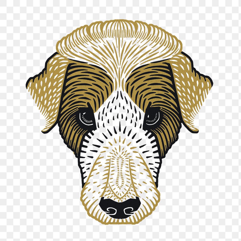 Vintage dog png animal sticker gold linocut drawing clipart
