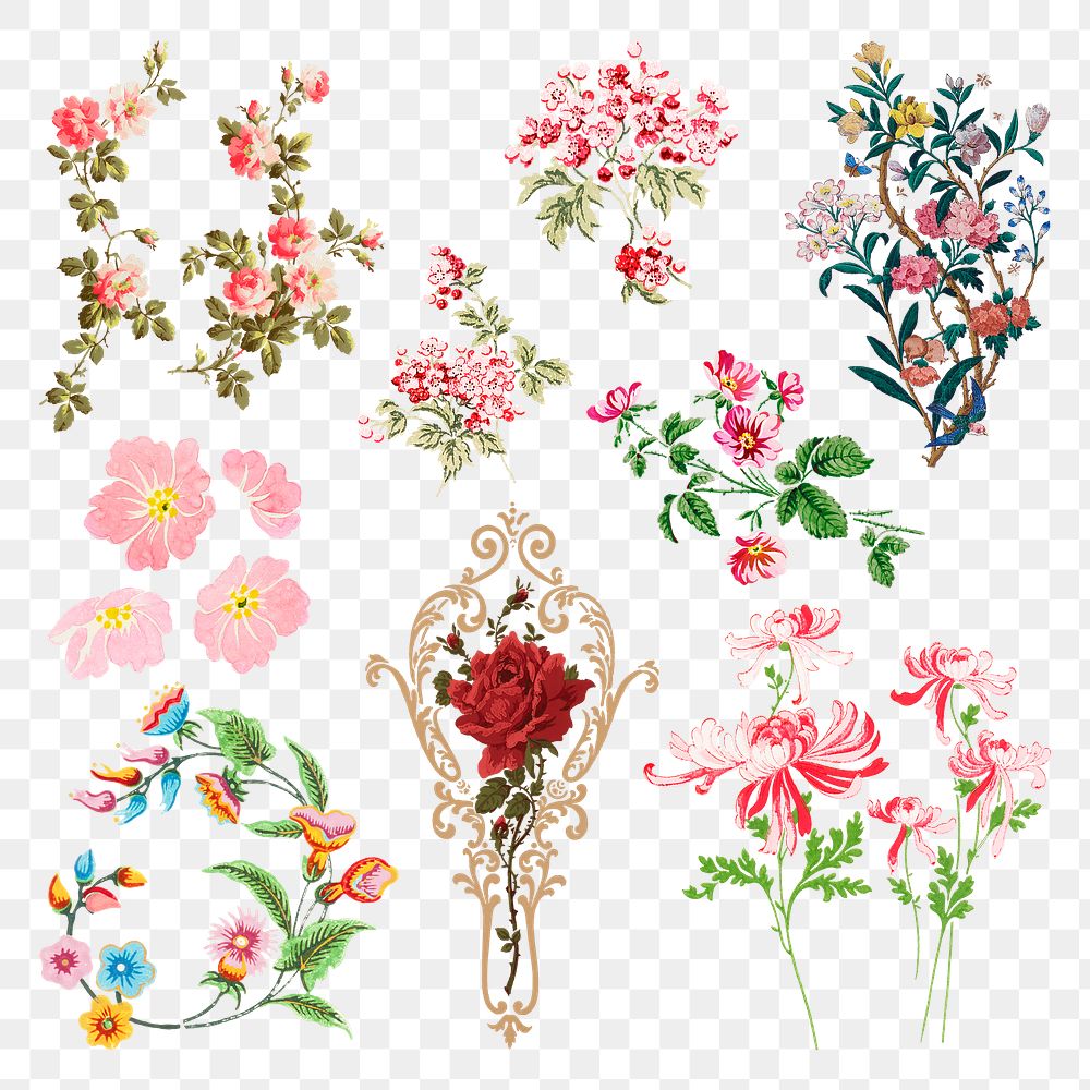 Colorful flowers png vintage sticker