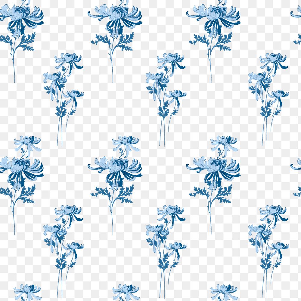 Png blue chrysanthemums floral pattern transparent background