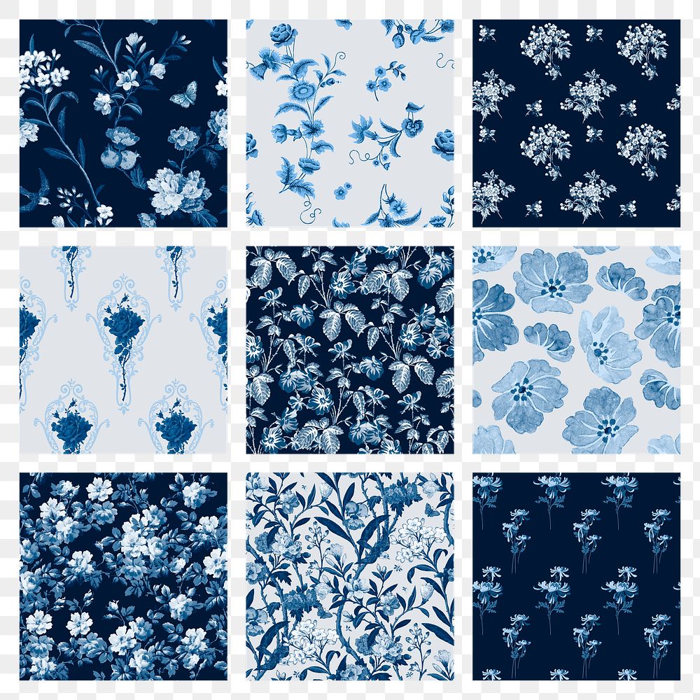 Png blue flowers pattern transparent background