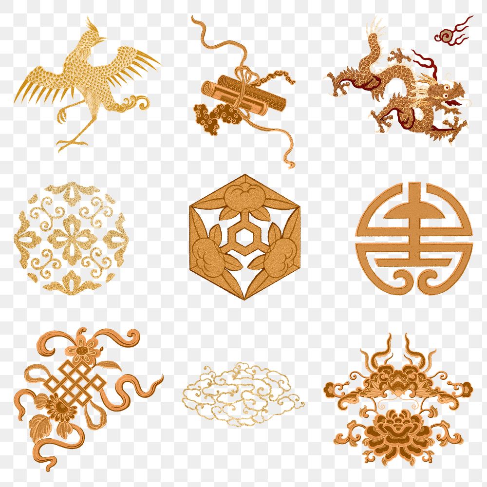 Chinese art gold png symbol sticker decorative ornament set