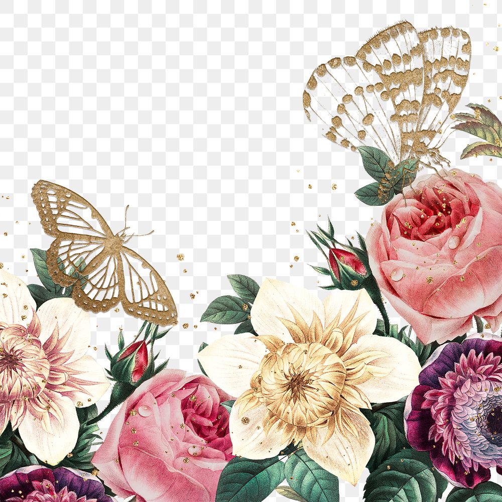 Elegant flowers png butterfly decorated border watercolor illustration