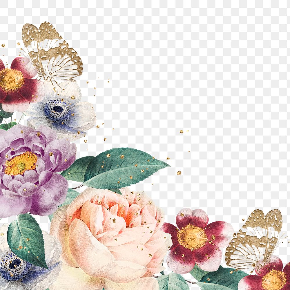 Elegant flowers png butterfly decorated border watercolor illutration