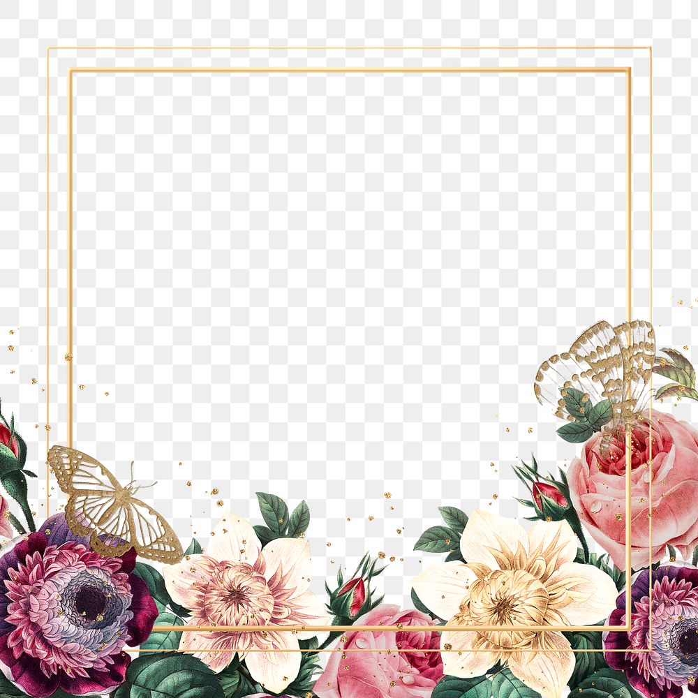 Luxury colorful flowers png gold frame watercolor illustration