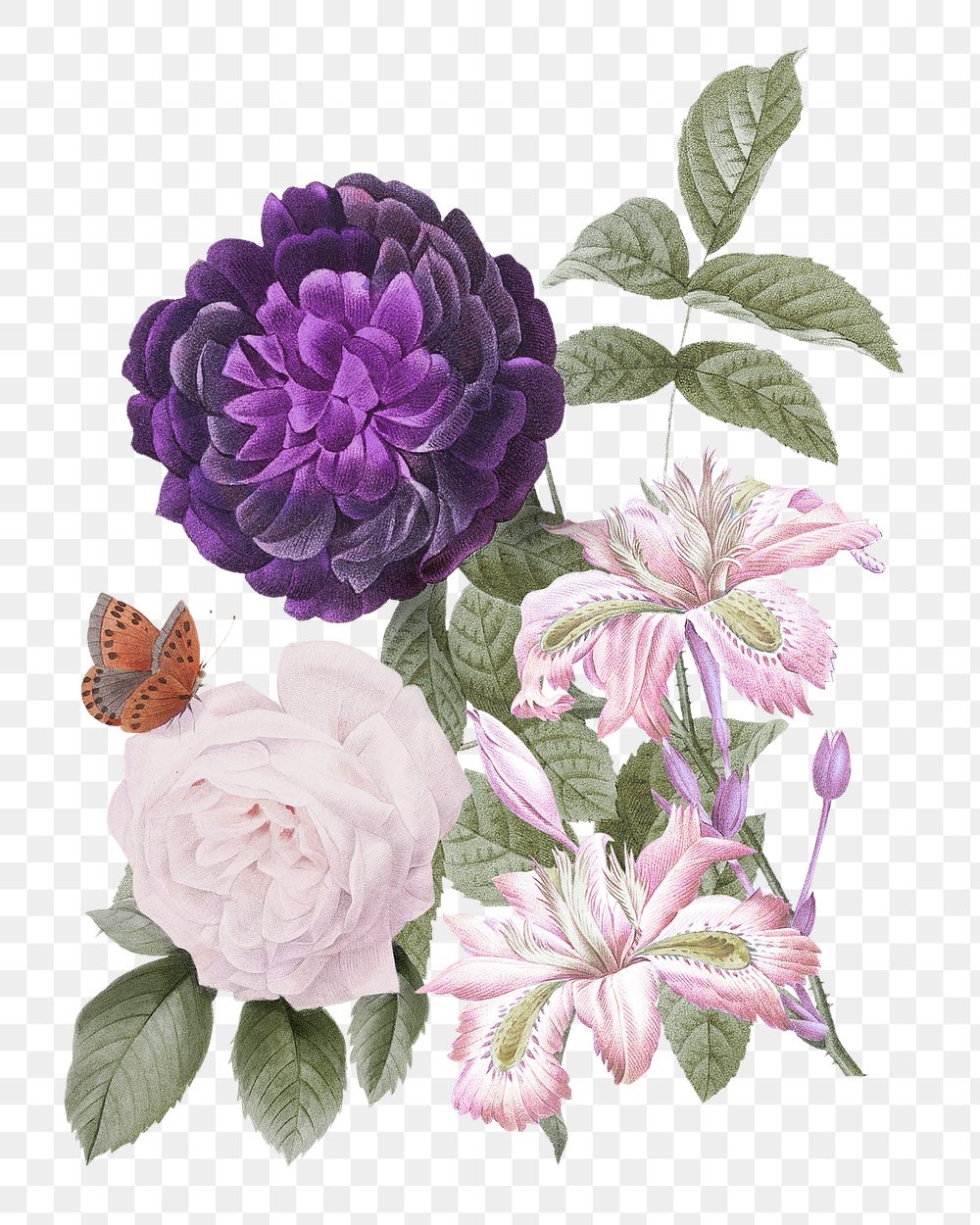 Vintage purple png guerin's rose flowers bouquet illustration
