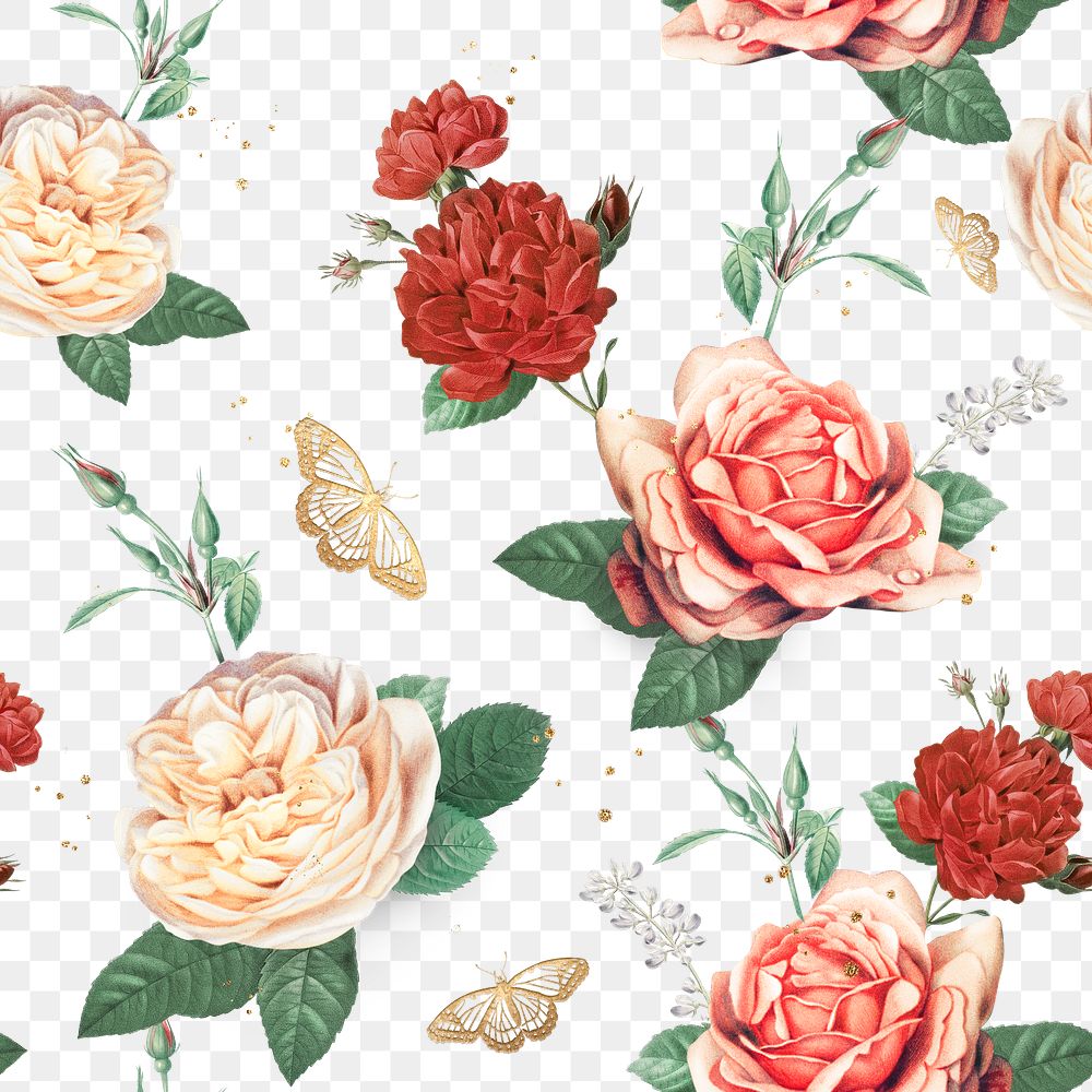 Elegant floral Valentines pattern png transparent background
