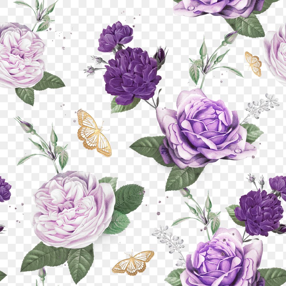 Vintage purple roses png flowers hand drawn illustration