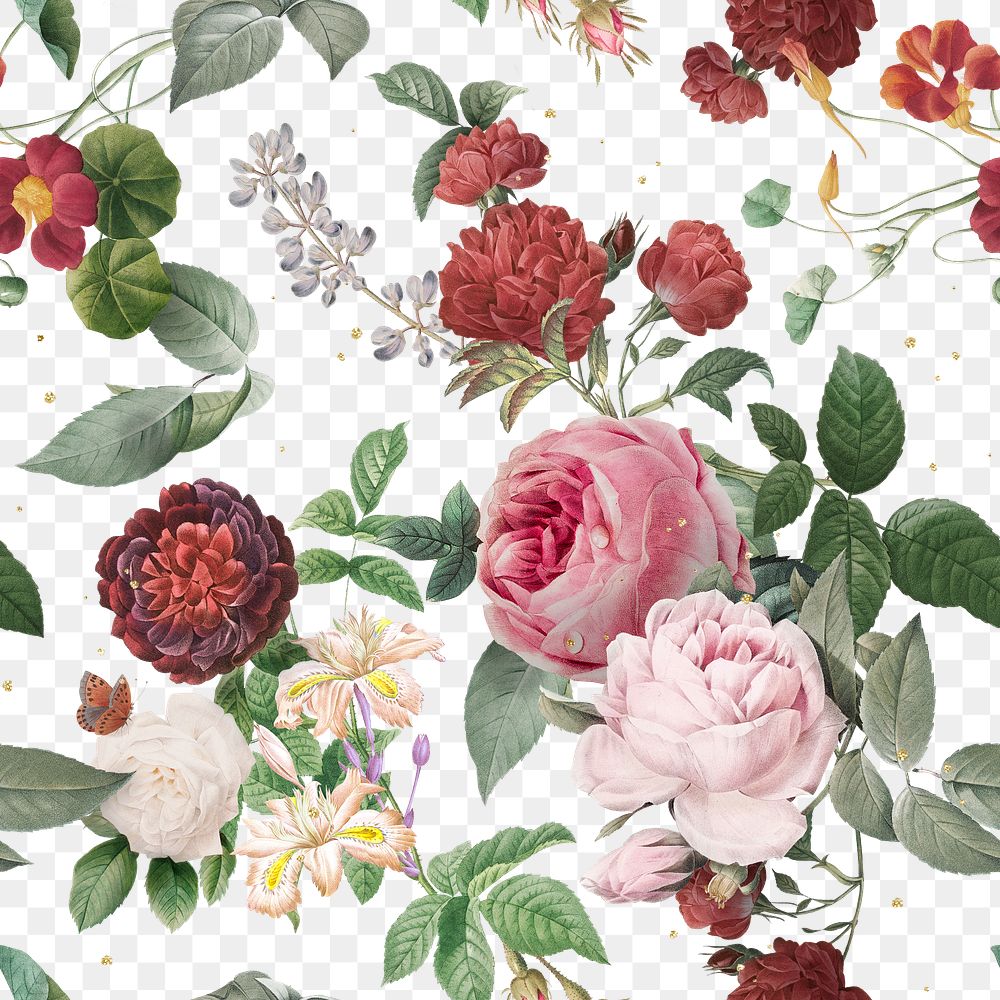 Pink roses and peony png floral pattern vintage illustration