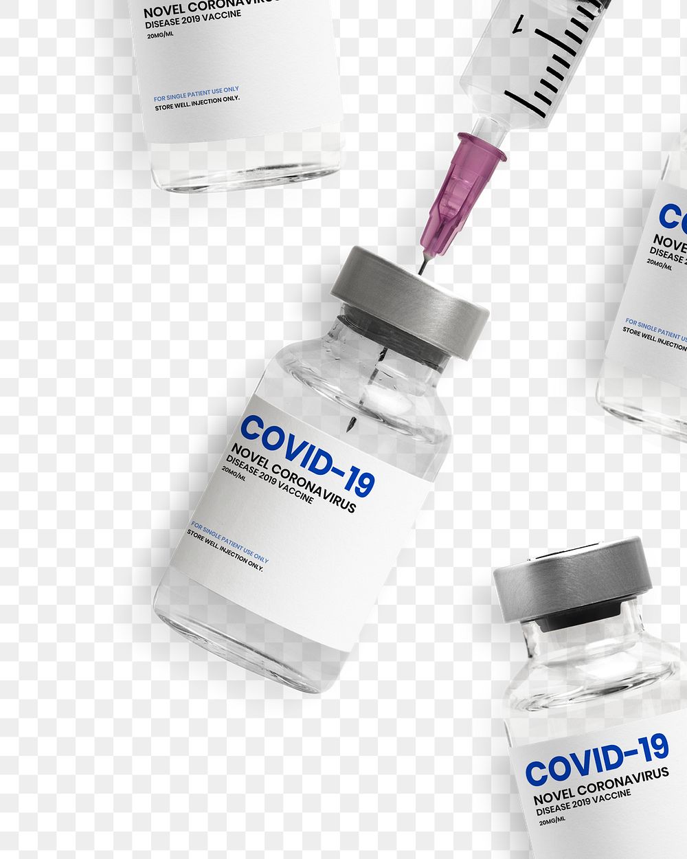 Vaccine vial mockup png with a needle syringe