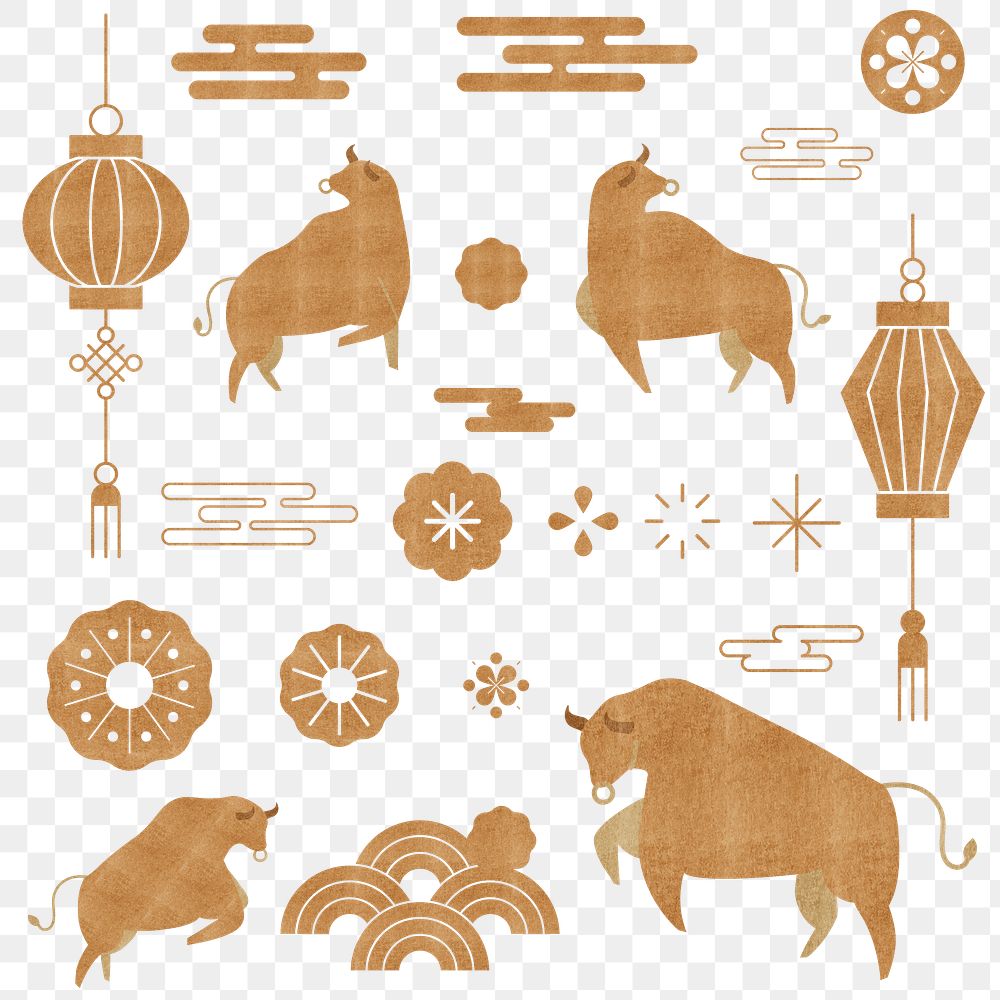 Chinese Ox Year png golden design elements collection