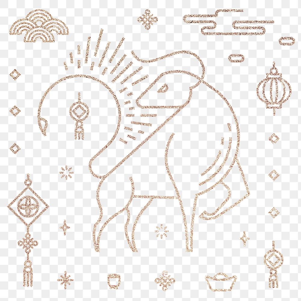 Chinese Ox Year png gold design elements set
