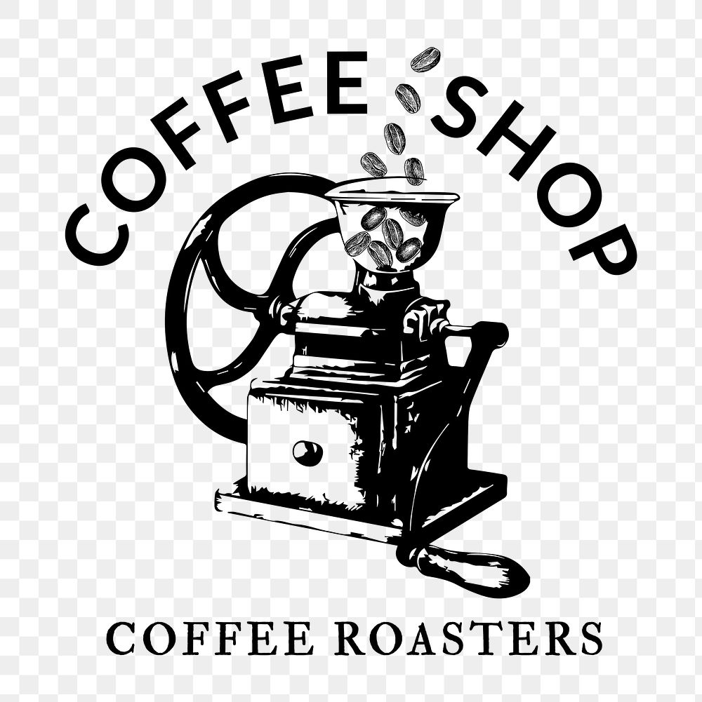 Png coffee shop logo business corporate identity with text and retro manual coffee grinder