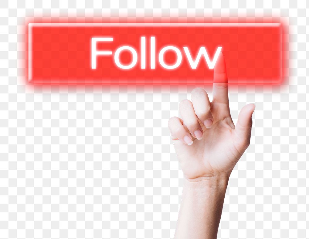 Hand clicking follow button png on social media