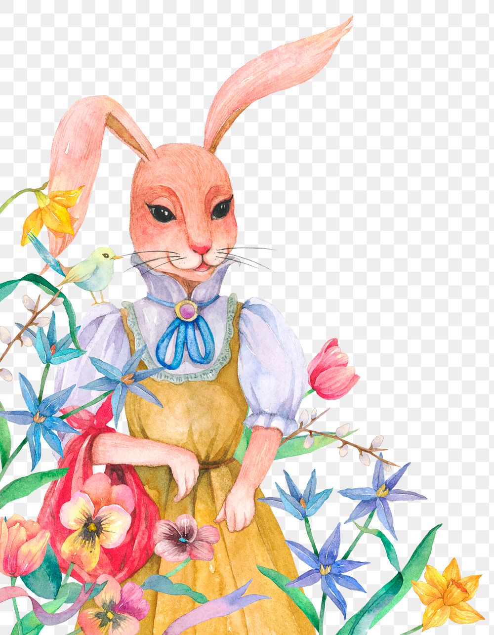 Png Easter bunny design element collecting flowers in the garden 