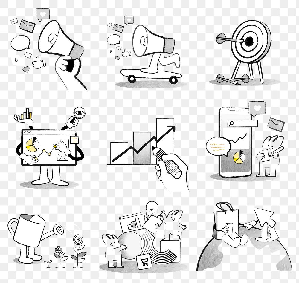 Png online business strategy doodle illustrations for marketing collection