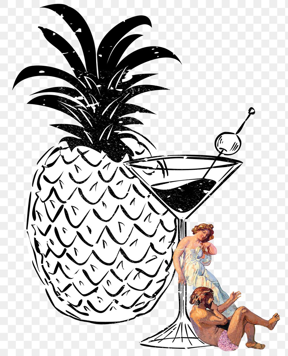 Pineapple png with vintage people mixed media, remixed from artworks by Maurice Denis