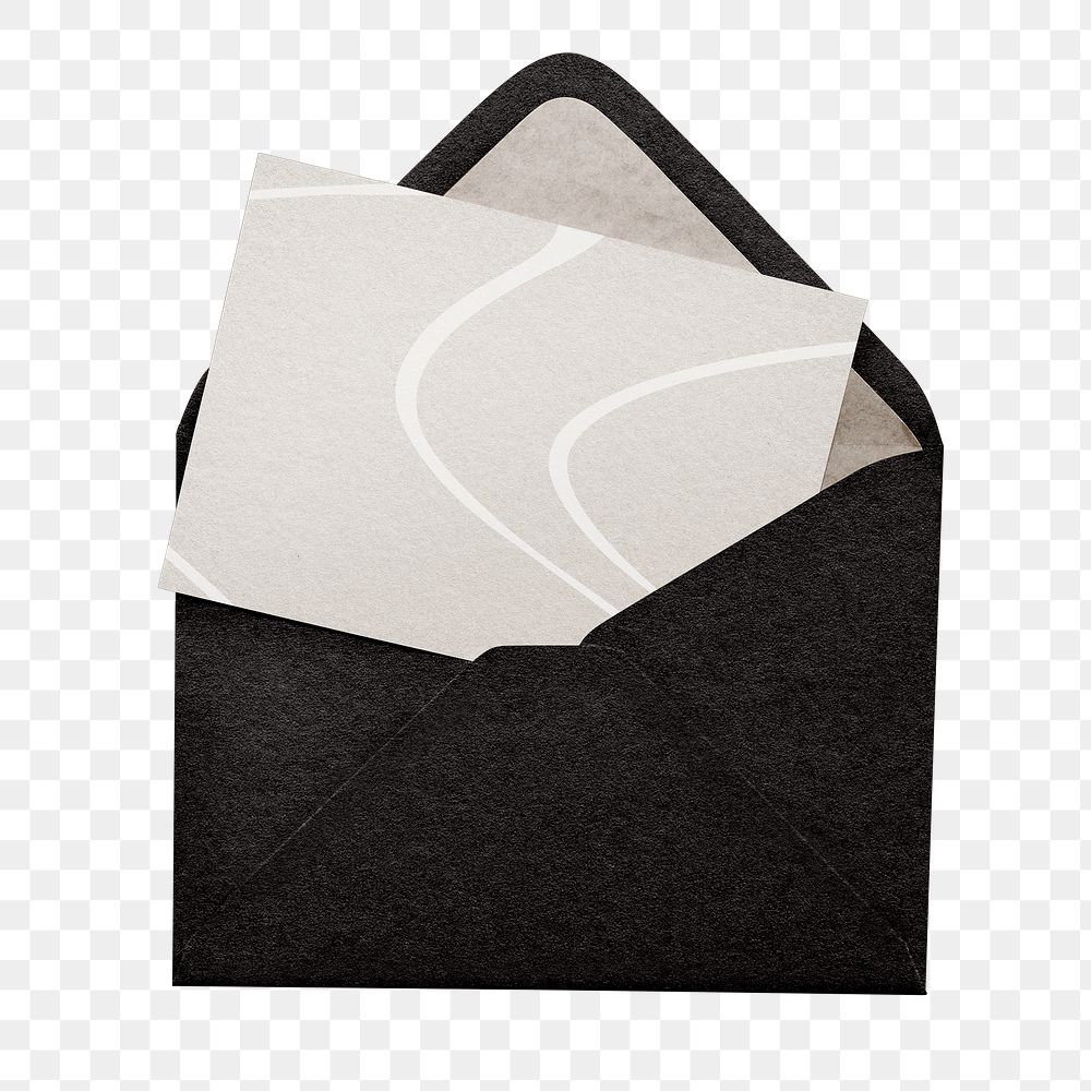 Png mockup with paper card and black envelope on transparent background