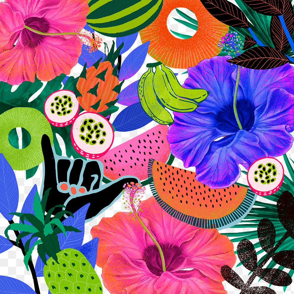 Tropical flower pattern png in colorful tone