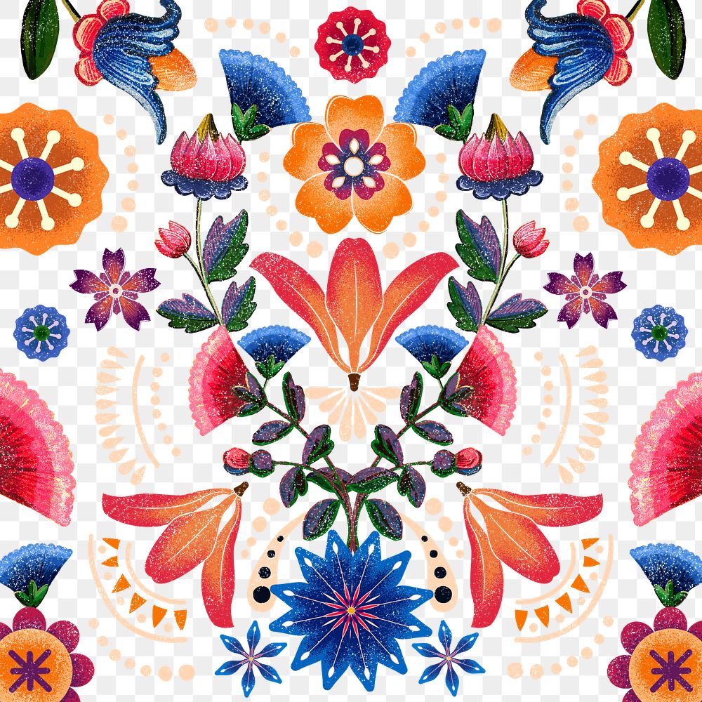 Mexican ethnic flower pattern png in colorful tone