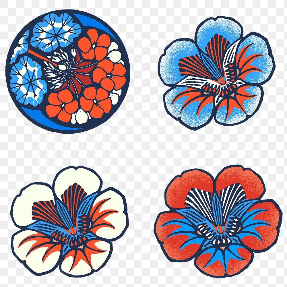 Batik flower png sticker illustration in blue tone set