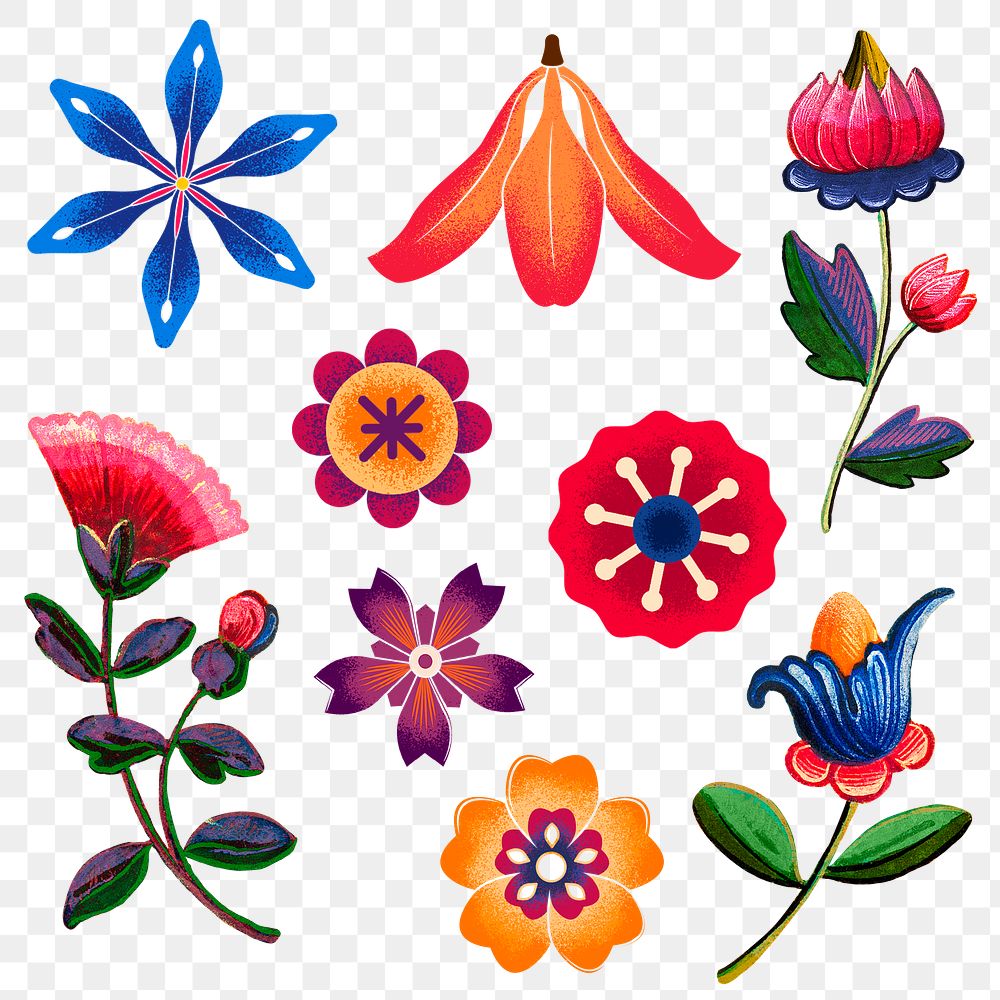 Mexican ethnic flower png sticker illustration set
