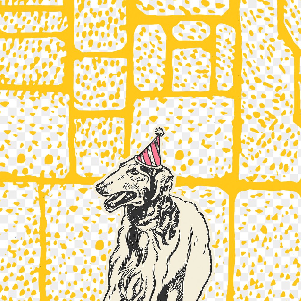 Birthday png in yellow background with cute greyhound dog