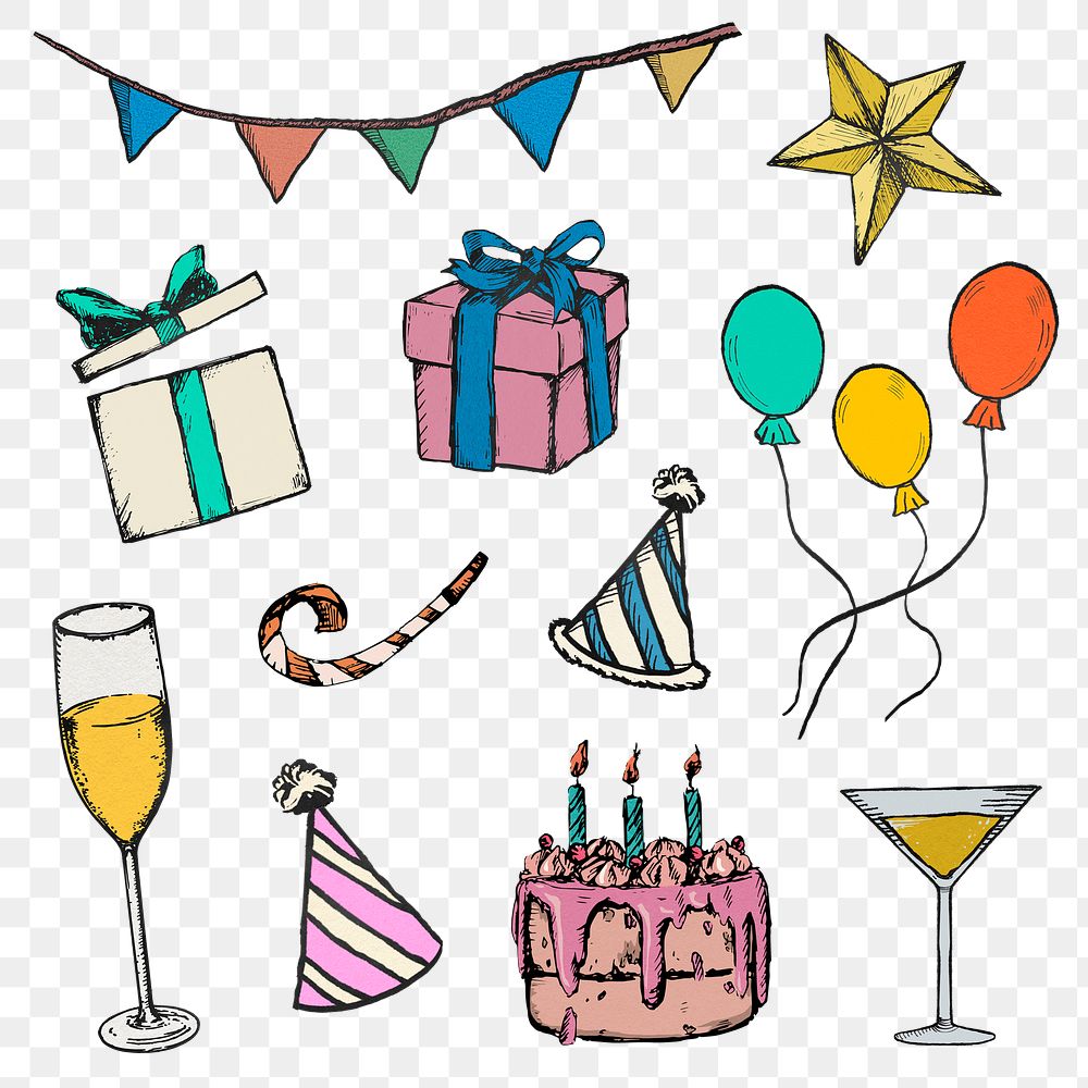 Birthday png colorful vintage stickers of party decorations set