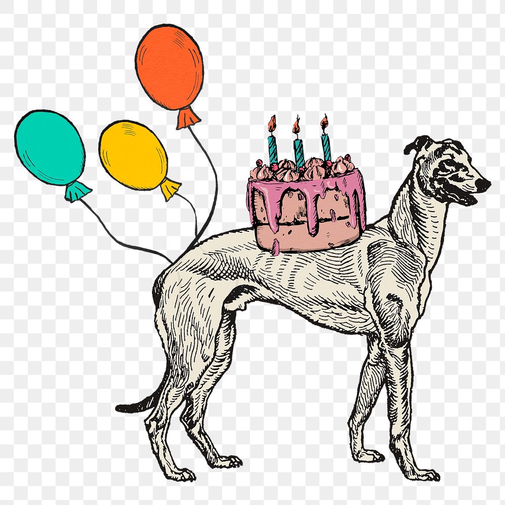 Birthday png dog sticker greyhound with cute cake, remixed from artworks by Moriz Jung