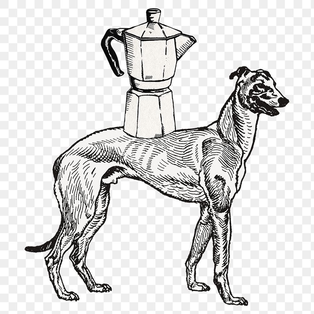 Greyhound png dog sticker in vintage kettle, remixed from artworks by Moriz Jung