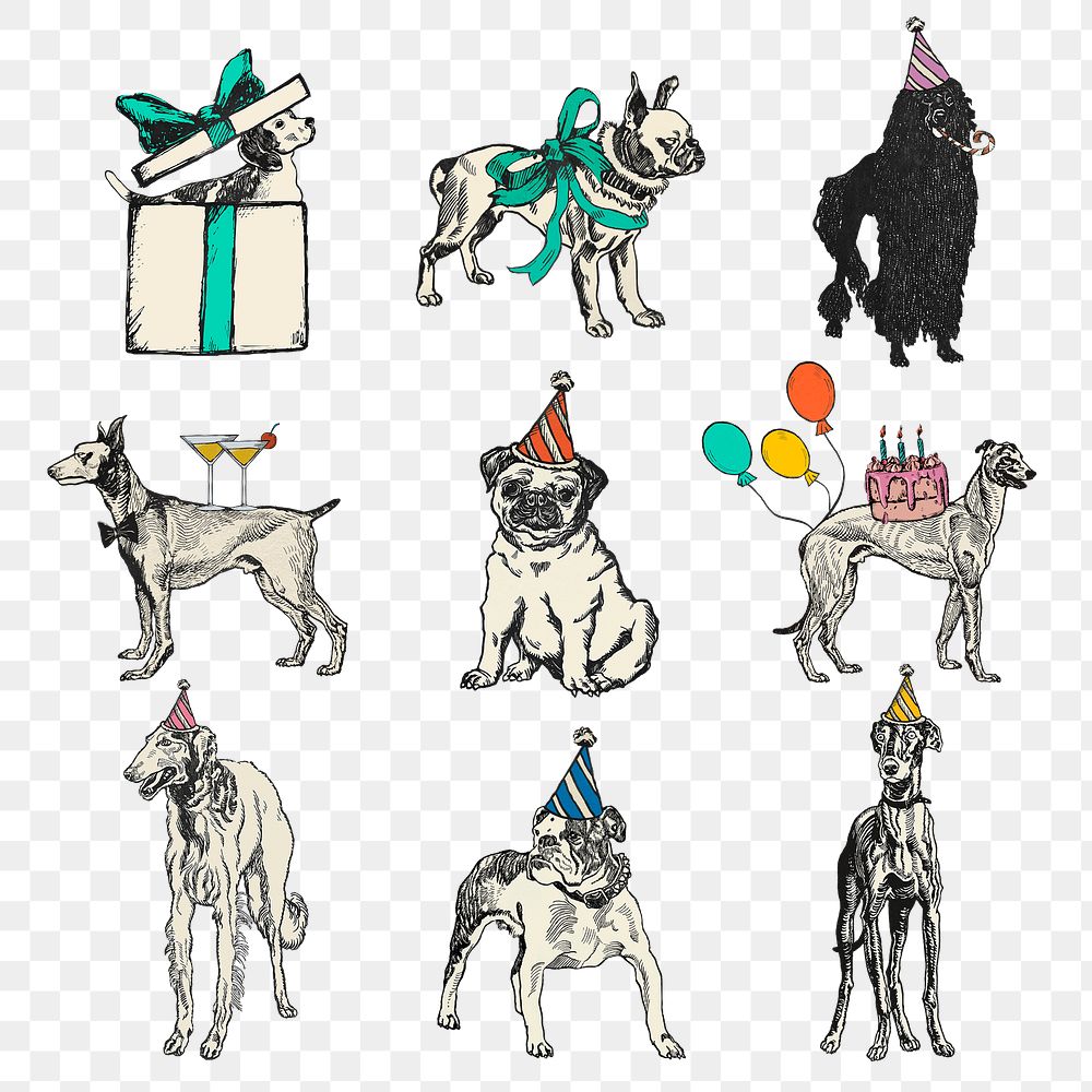 Birthday png vintage dog stickers in birthday theme set, remixed from artworks by Moriz Jung