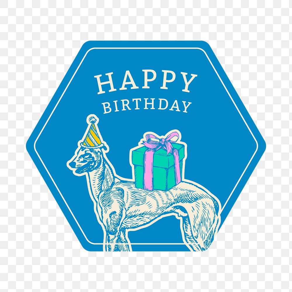 Birthday png blue badge sticker with cute vintage dog illustration