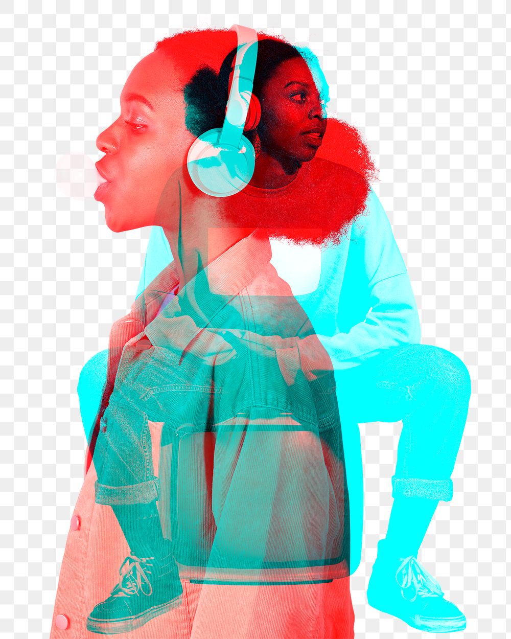 Png woman listening to music with wireless headphones in double color exposure effect