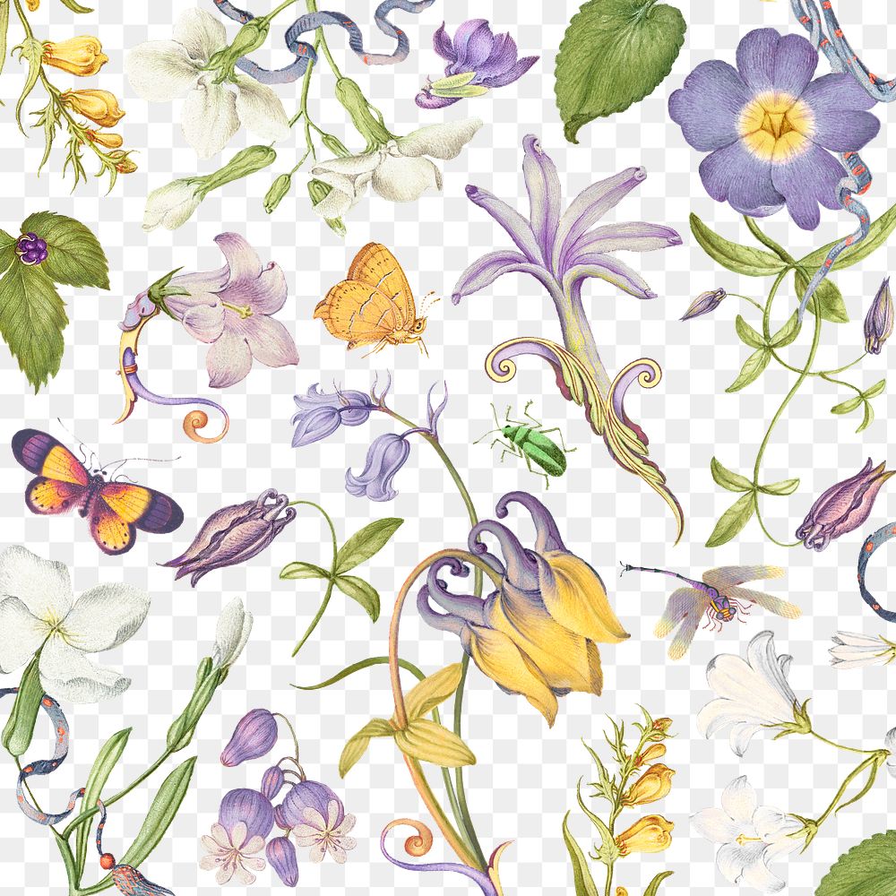 Floral png pattern in purple pastel vintage style, remixed from artworks by Pierre-Joseph Redout&eacute;