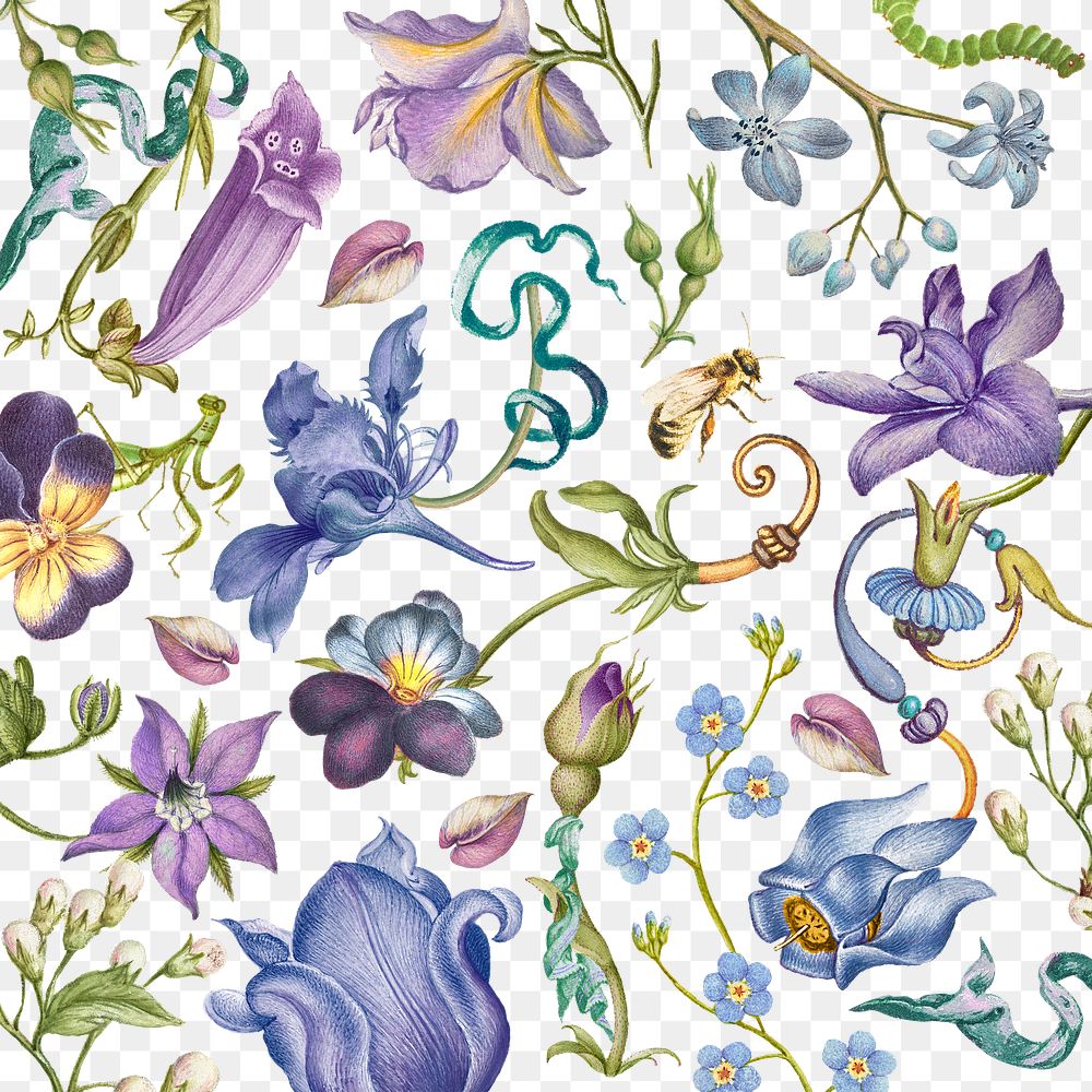 Floral png pattern in purple pastel vintage style