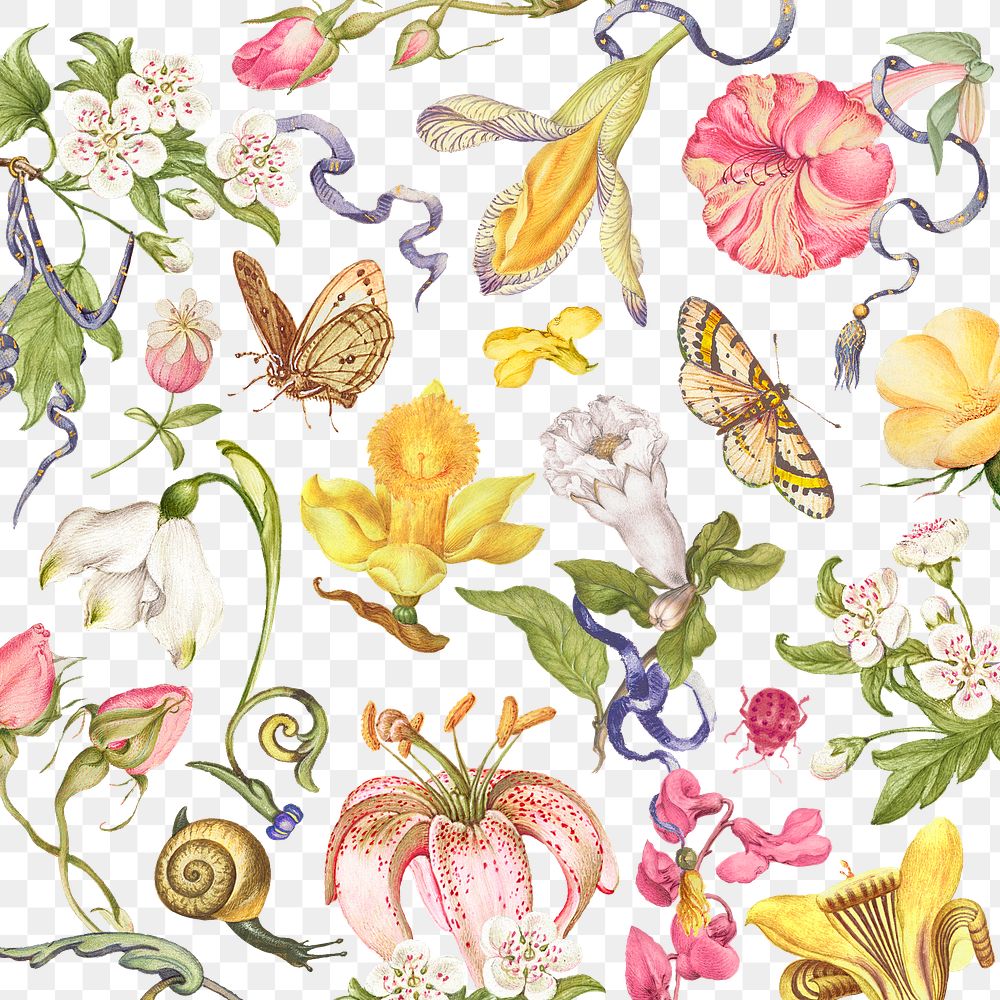 Floral png pattern in colorful pastel vintage style, remixed from artworks by Pierre-Joseph Redout&eacute;