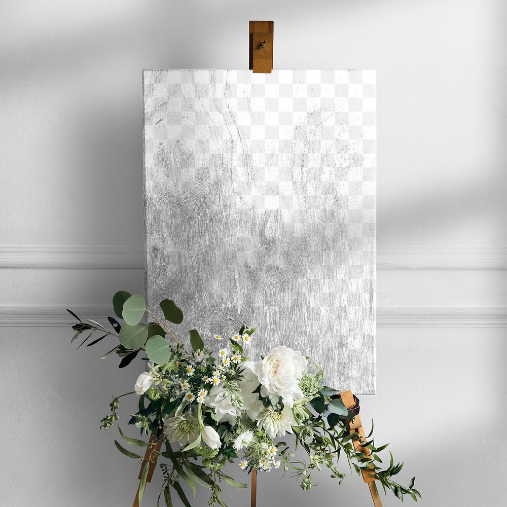 Sign png mockup in wooden texture for weddings with flowers