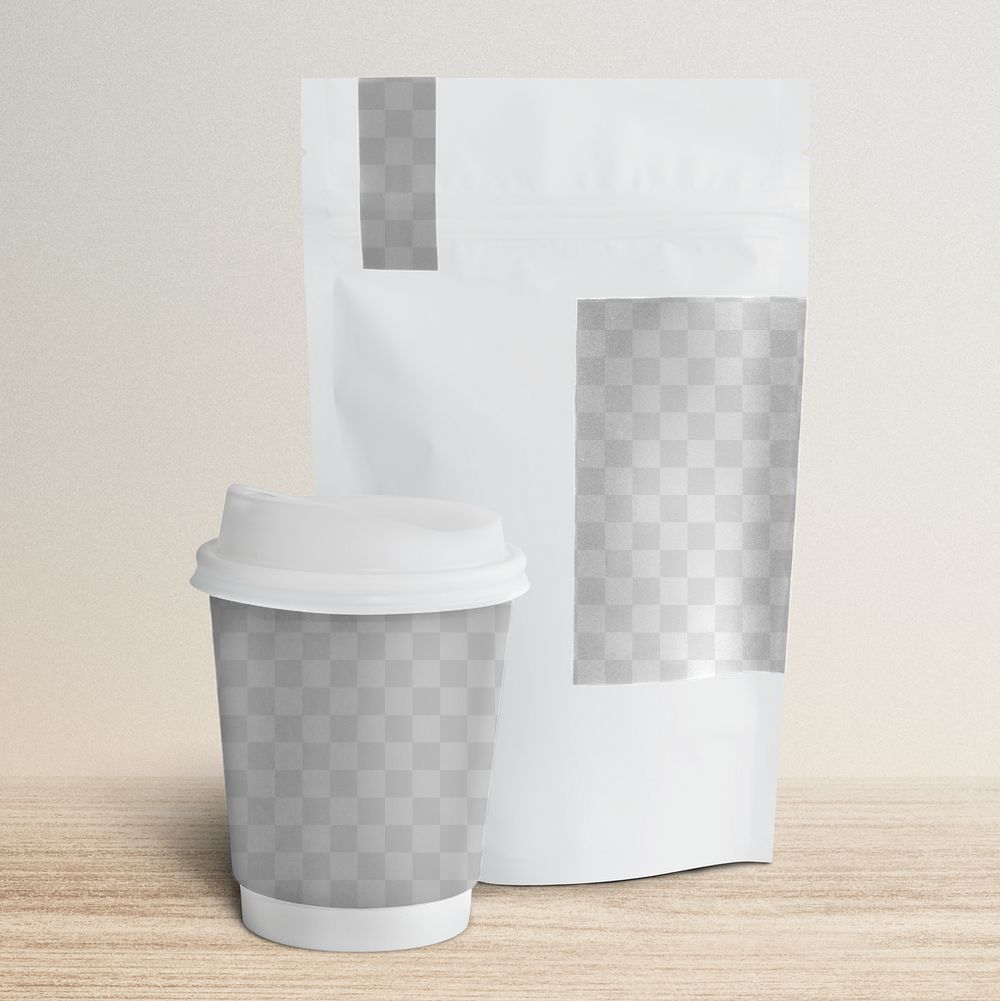 Png coffee cup mockup with packaging bag