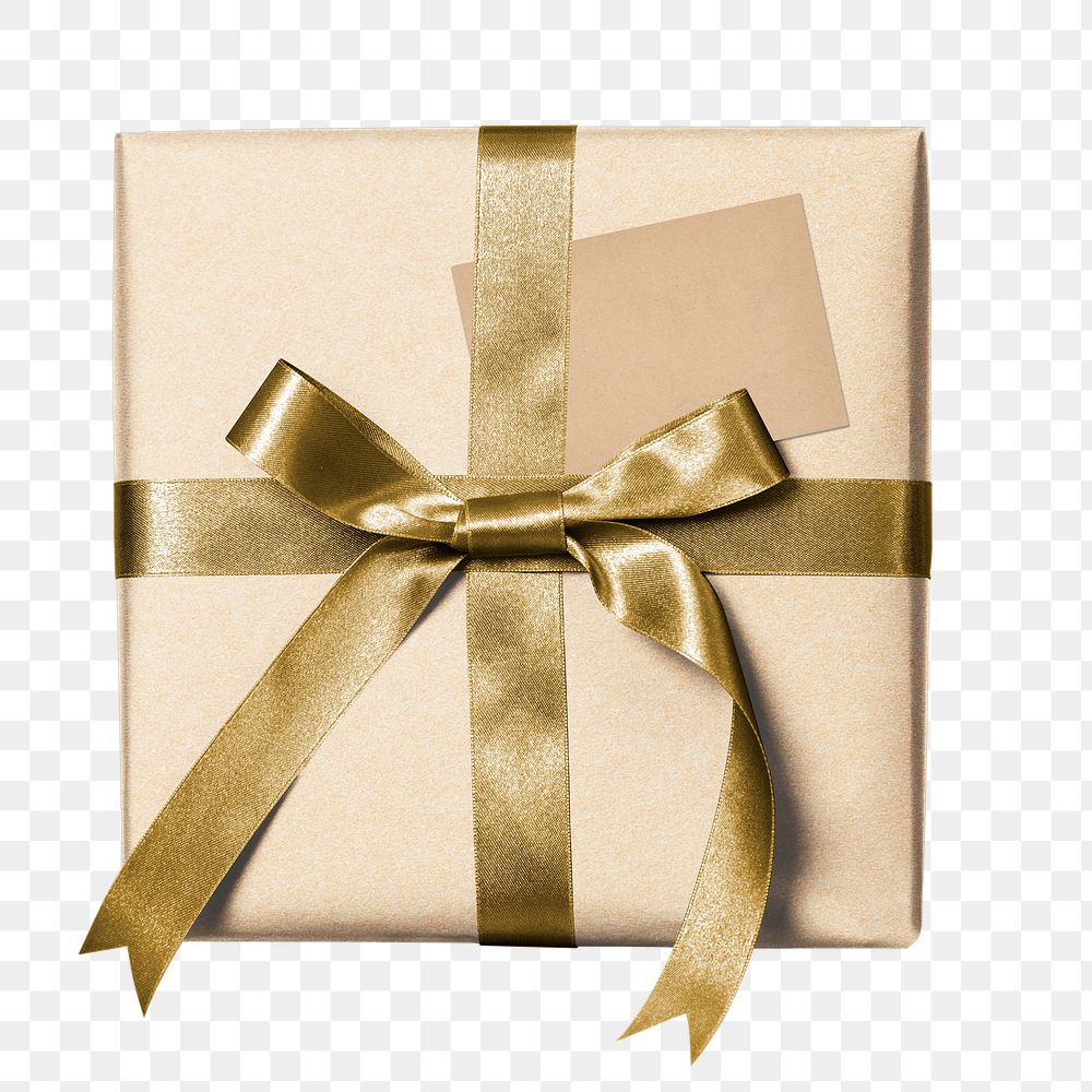 Gift png box mockup beige wrap with gold ribbons
