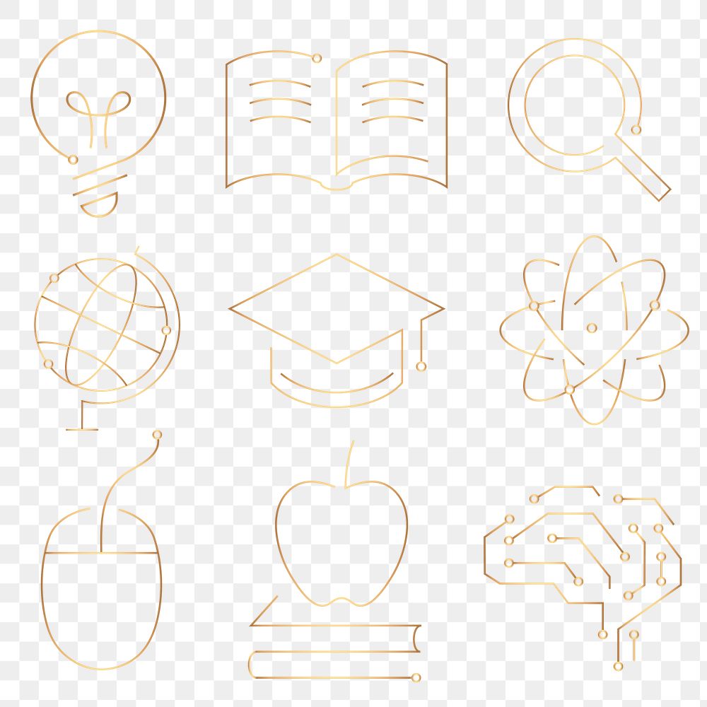 Education technology gold icons png digital and science graphic collection