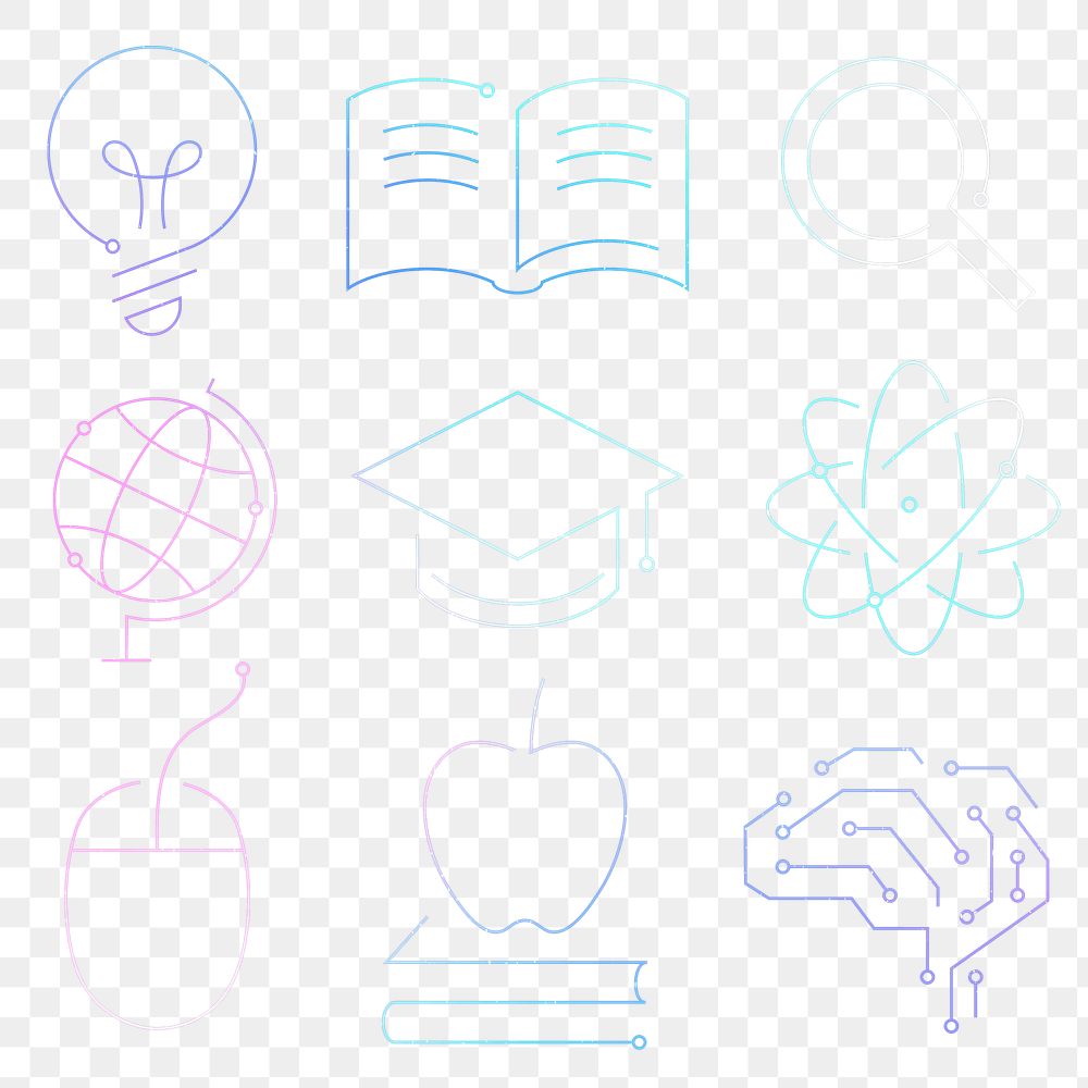 Education technology neon icons png digital and science graphic set