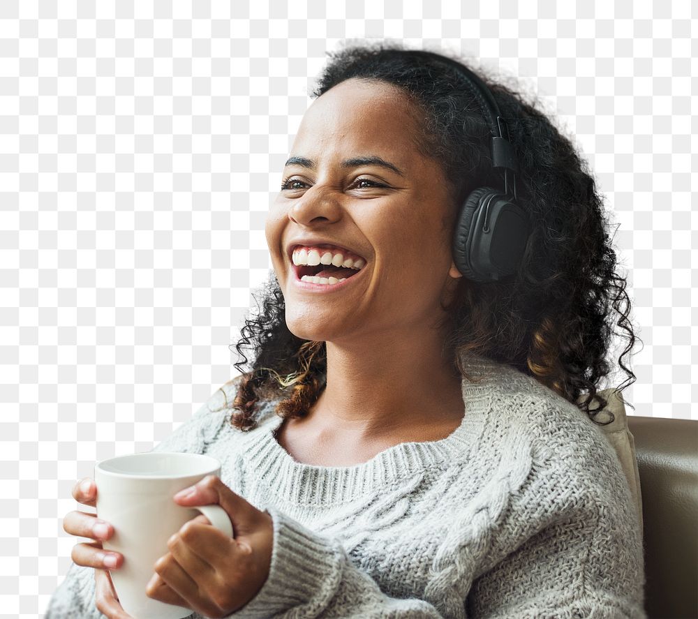 Happy woman png enjoying music with coffee