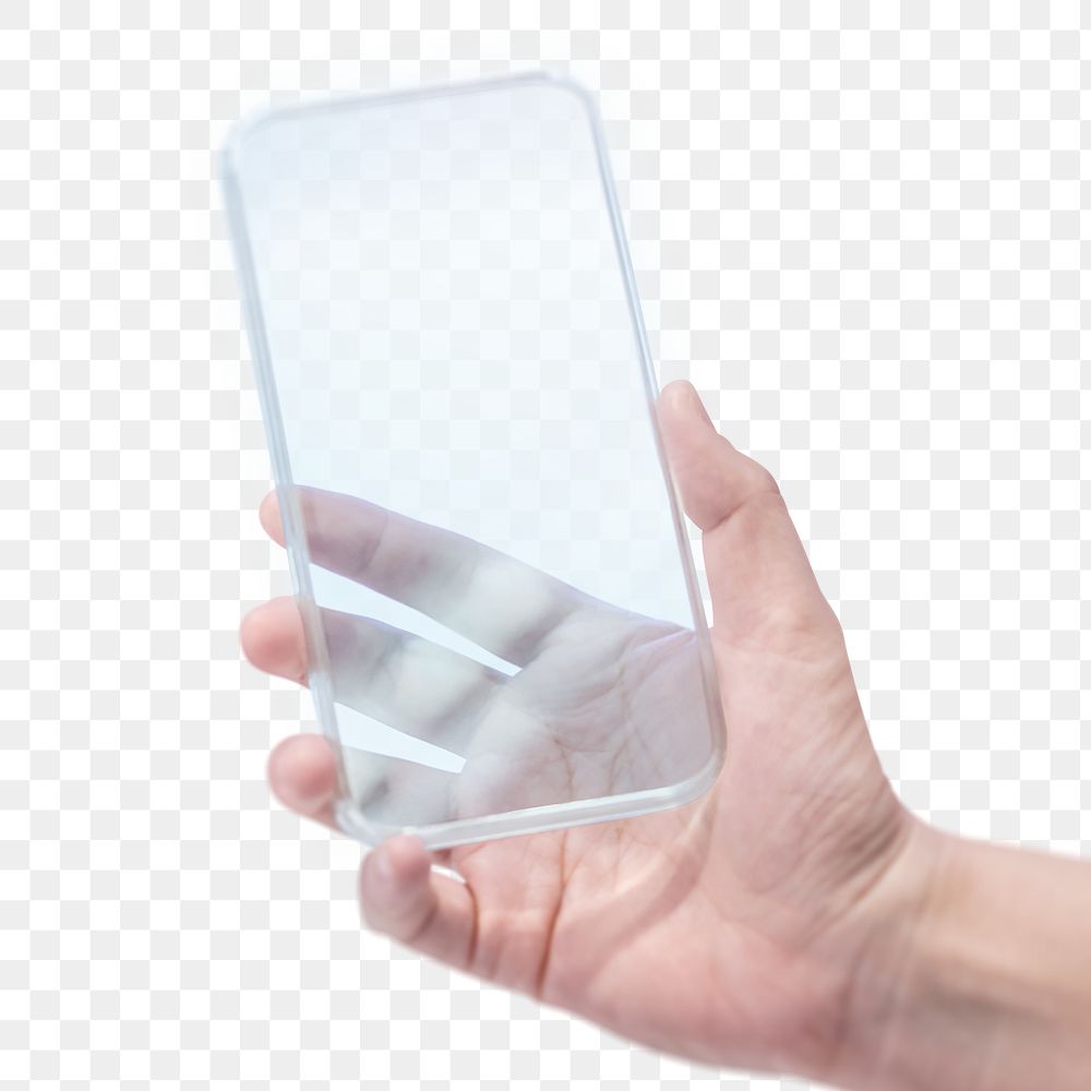 Hand holding transparent smartphone png futuristic technology concept