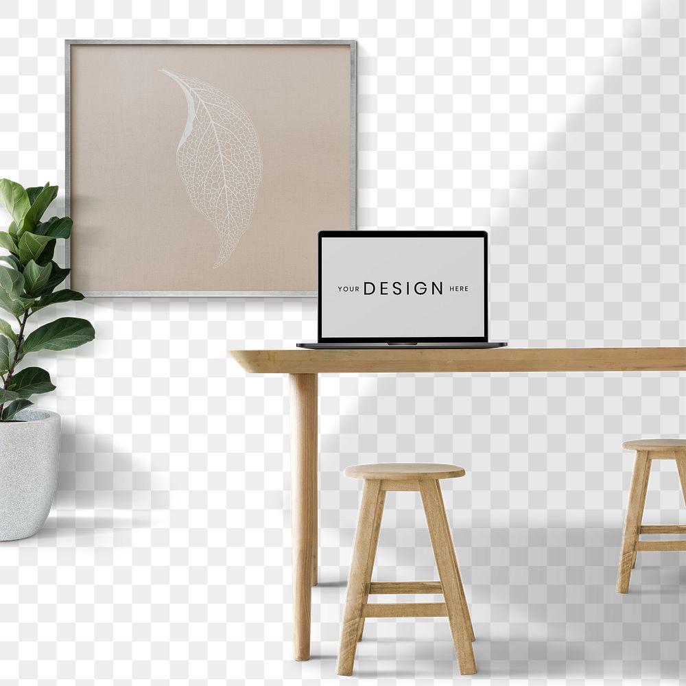 Laptop screen mockup png and blank frame in living room