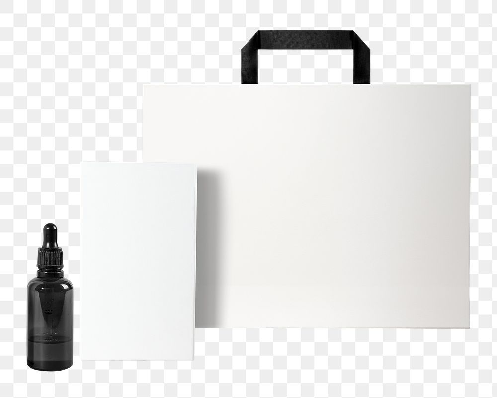 Cosmetic dropper bottle mockup png with card and bag