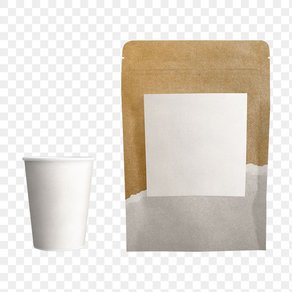 Coffee cup, bag png, beverage eco packaging on transparent background